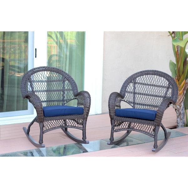 Jeco W00208-R-2-FS011-CS Espresso Wicker Rocker Chair with Blue Cushion, 2PK W00208-R_2-FS011-CS - main